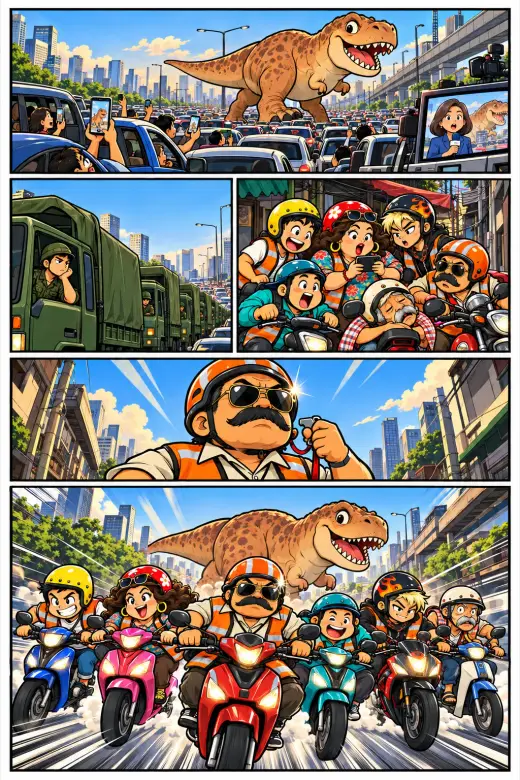 The opening comic: the army is stuck in traffic, so the riders head out